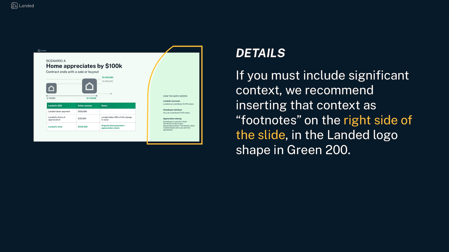 Use Case - Data & Charts with many foonotes/context. Details - In general, we recommend that you avoid putting significant amounts of text on a slide unless the deck is meant to be read independently.